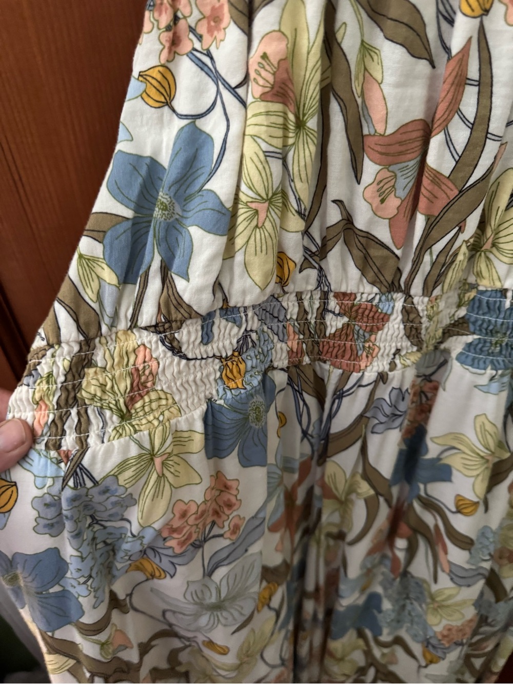 Lauren Conrad: Floral Ruffle V-Neck Women’s Maxi Dress - Blue/Green/Tan - Picture 4 of 5